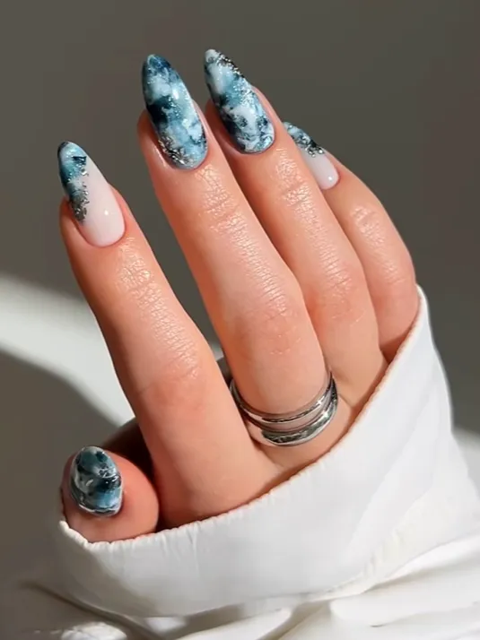 Blue Grey Marble with Silver Glitter Accents — Winter Marble Nails