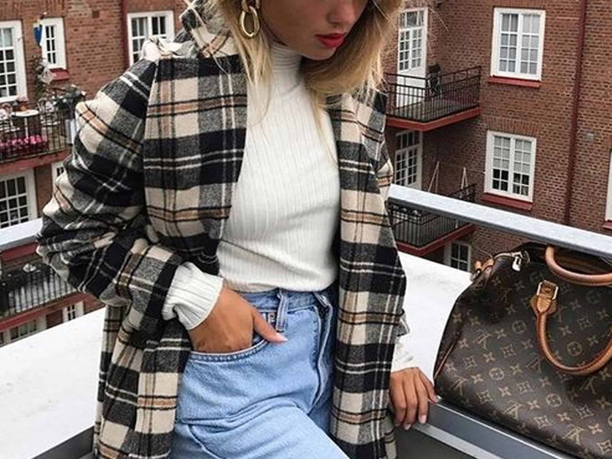 Plaid Coat Over White Turtleneck and Jeans — Winter School Outfits