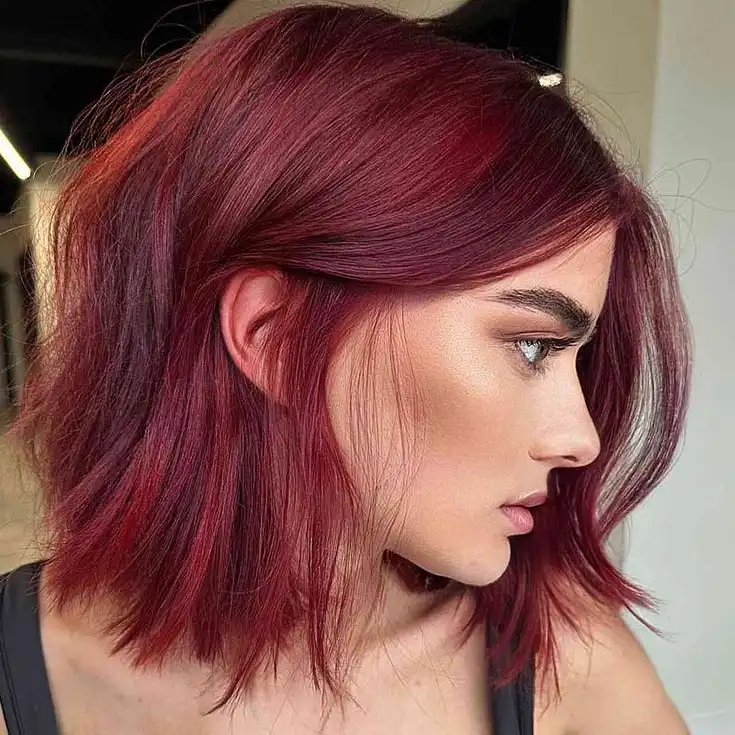 Striking Collarbone Lob — Burgundy Hair Color