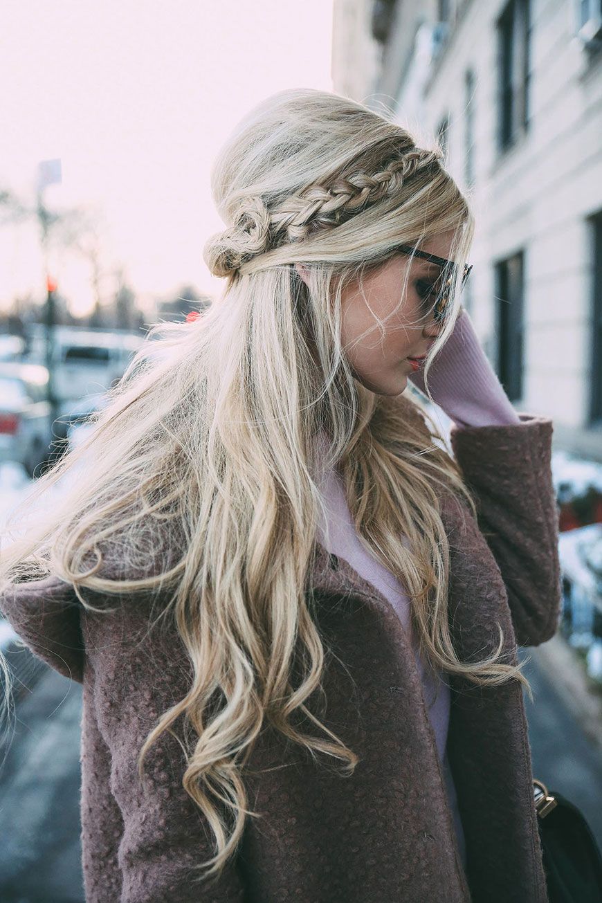 Intricate Braided Crown With Loose Waves — Winter Half Up Half Down Hairstyles