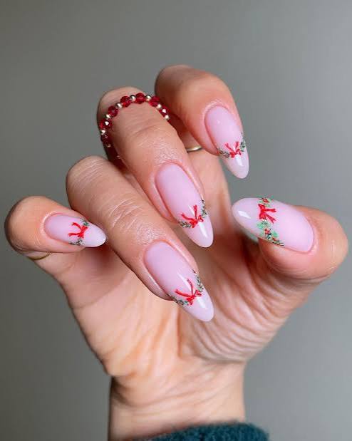 Nude Base Holly Berry French Tips Almonds Nude Base Holly Berry French Tips Almonds β Christmas Nails for Women Over 50 2026