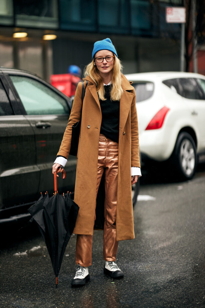 Rose Gold Metallic Pants with a Camel Coat — February Outfits