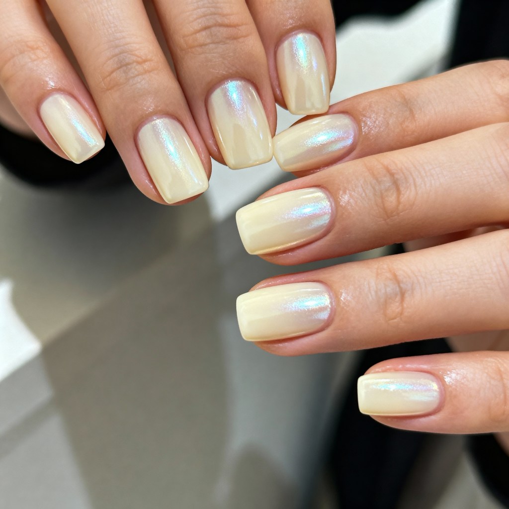 Pale Yellow Iridescent Shimmer Square Nails — Winter Date Night Nails