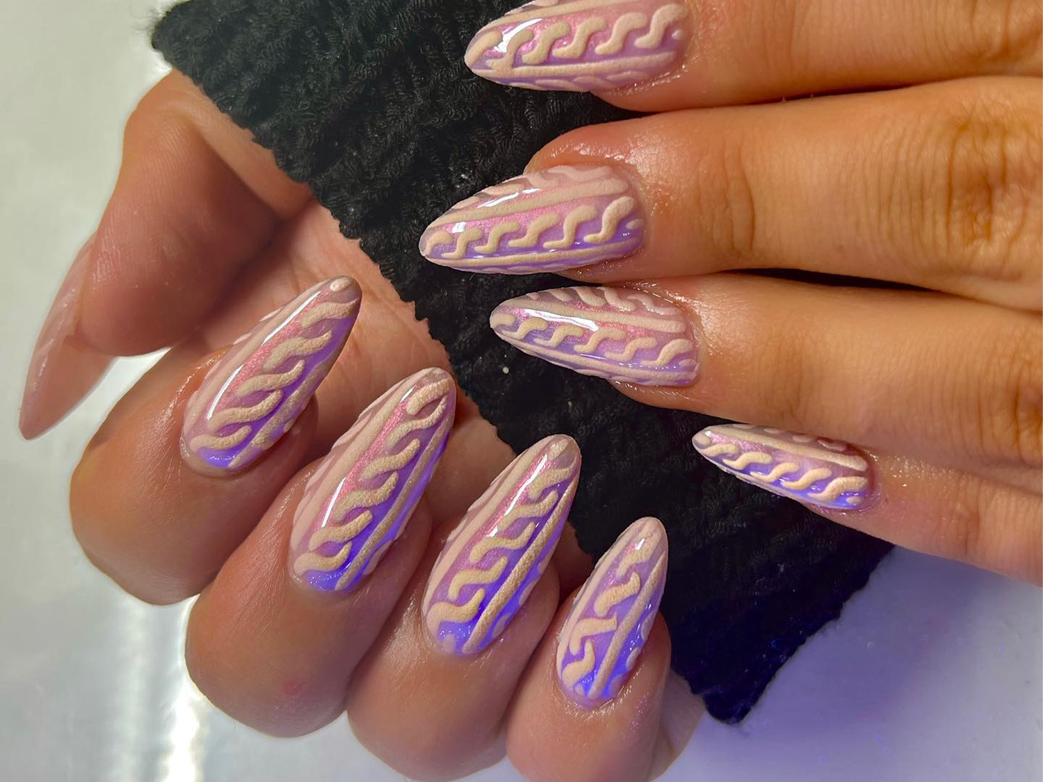 Long Almond Pale Pink Beige 3D Cable Knit — Winter Nail Designs