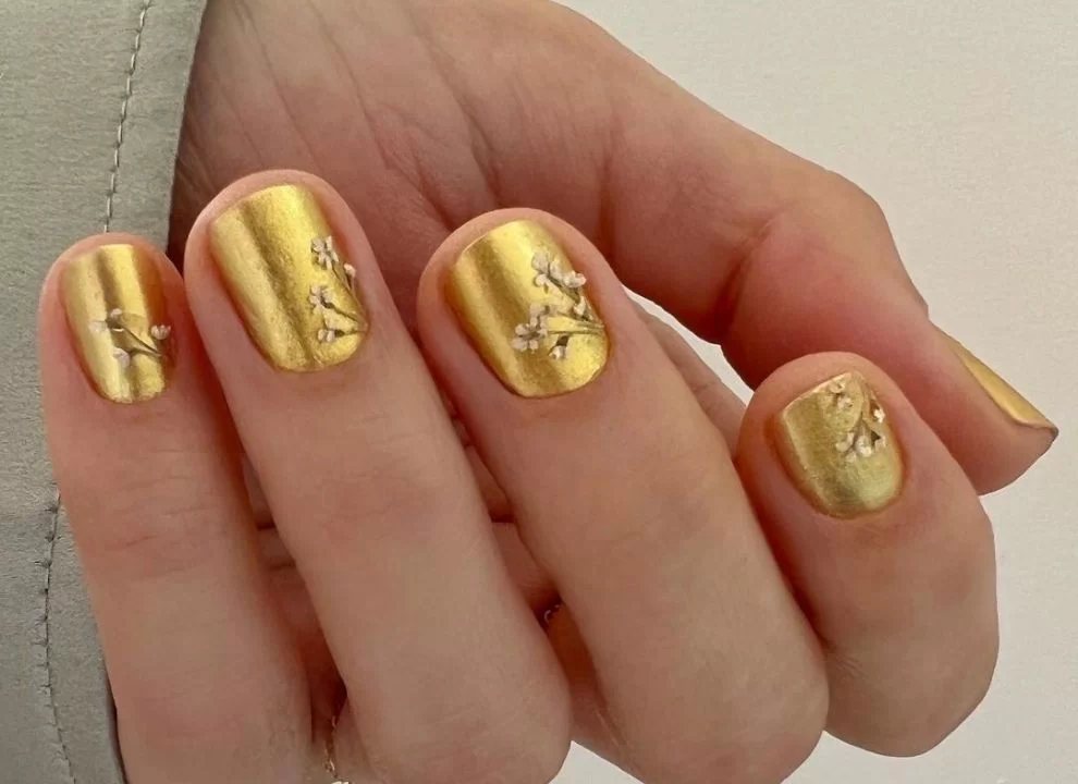Short Square Metallic Gold with 3D Flowers — Simple New Years Nails 2027