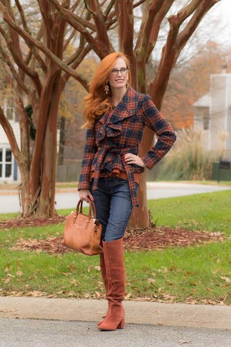 Plaid Ruffled Jacket and Jeans with Tan Over-the-Knee Boots — Over the Knee Boots Outfits