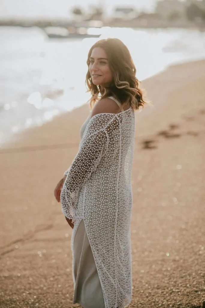 White Open-Knit Longline Cardigan Over a Light Green Slip Dress — Cardigan Outfits