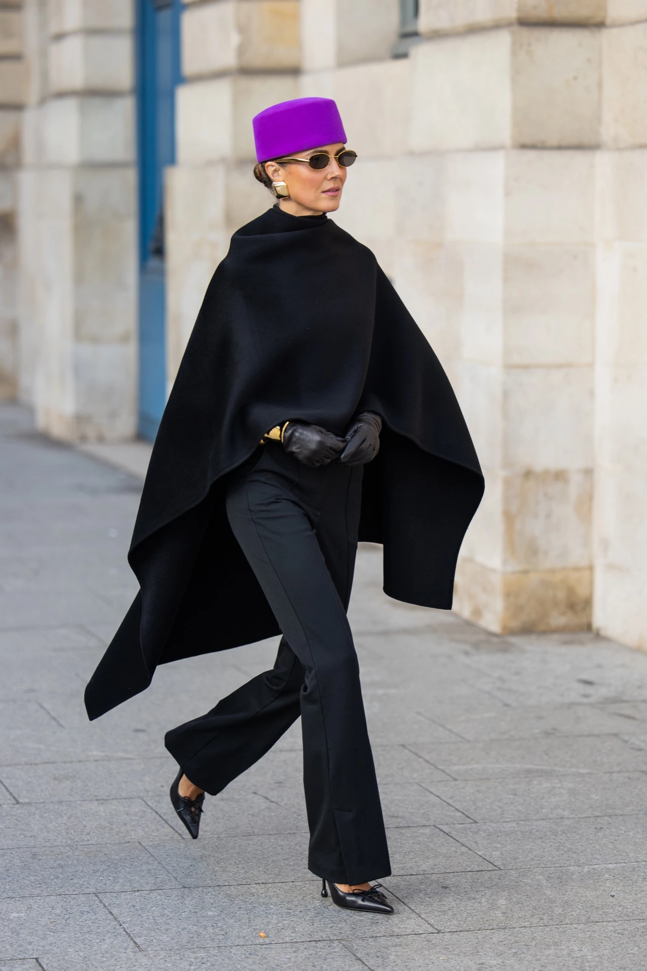 Vibrant Purple Pillbox Hat with Black Cape — Fur Hat Outfits