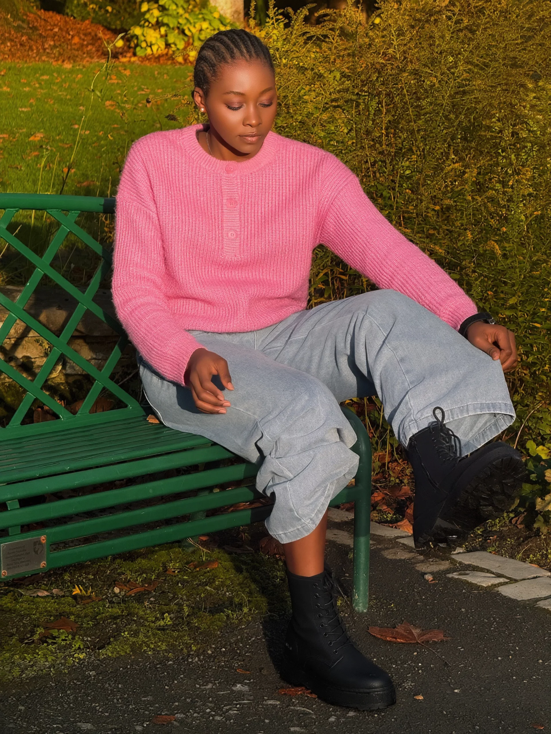Bright Pink Henley Sweater with Wide-Leg Jeans Bright Pink Henley Sweater with Wide-Leg Jeans β Warm Winter Outfits