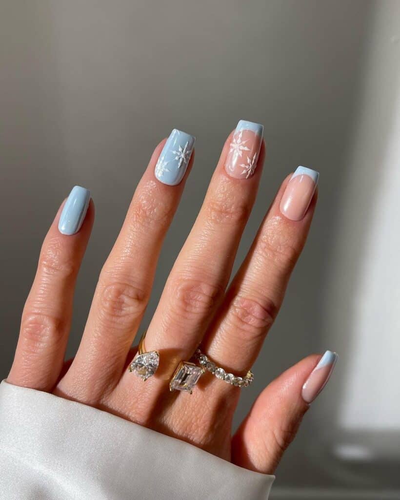 Light Blue White Snowflake French Nails Light Blue White Snowflake French Nails β Simple Christmas Nails 2026