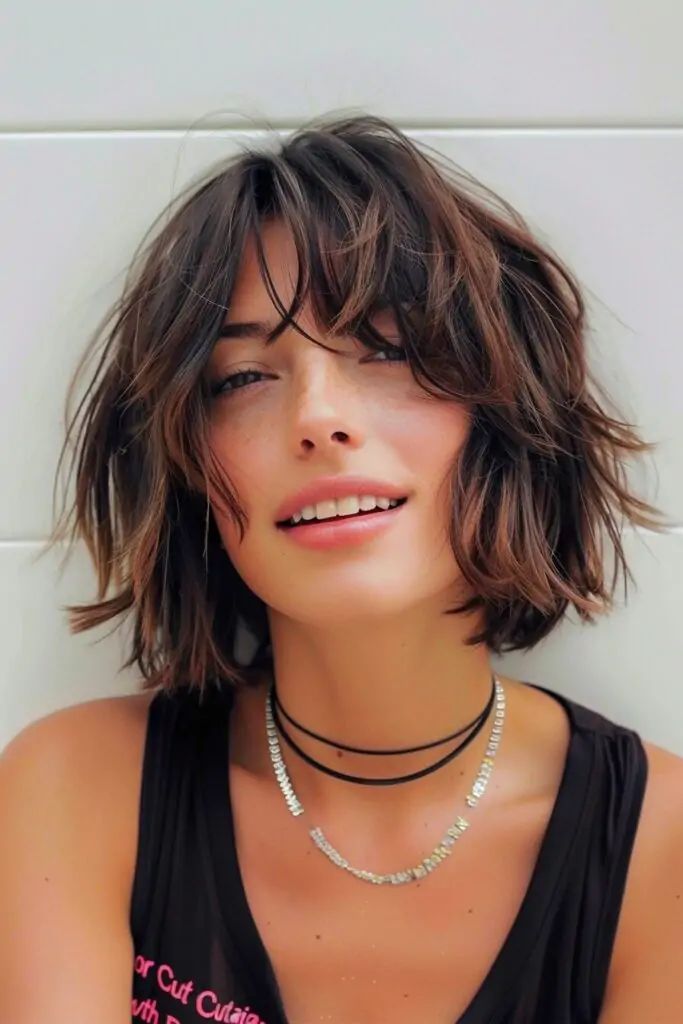 Chin Shaggy Bob With Wispy Bangs Chin Shaggy Bob With Wispy Bangs β Winter Shag Haircuts