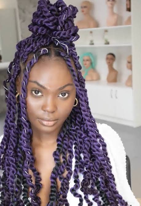 Vibrant Purple Braided High Bun — Winter Hairstyles for Long Hair