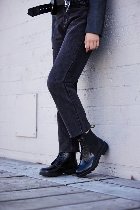 Rugged Appeal: Combat Boots with Black Jacket and Denim Rugged Appeal: Combat Boots with Black Jacket and Denim β Ankle Boots Outfits