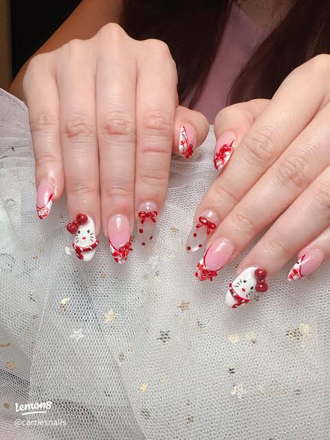 Medium Almond Sheer Pink 3D Kitty Medium Almond Sheer Pink 3D Kitty β Hello Kitty Christmas Nails 2026
