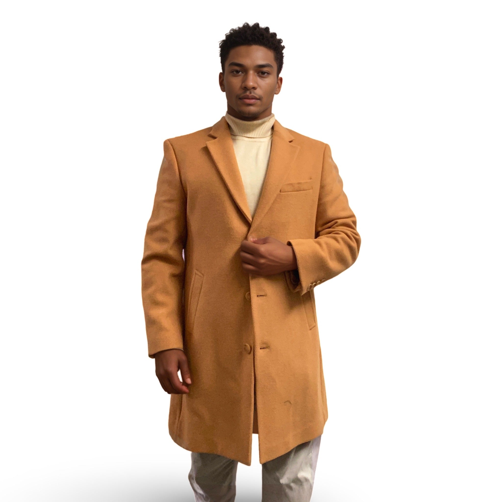 Camel Car Coat with Yellow Turtleneck and Sneakers — Car Coat Outfits