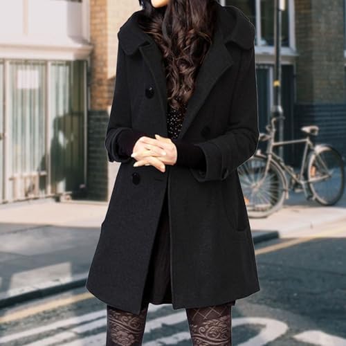 Black Double-Breasted Wool Blend Coat with Hood — Winter Coats for Women