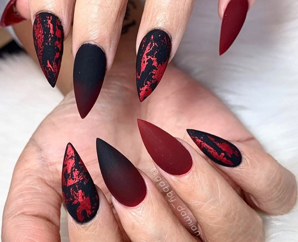 Matte Red Splatter Stiletto Nails Matte Red Splatter Stiletto Nails β Winter Stiletto Nails