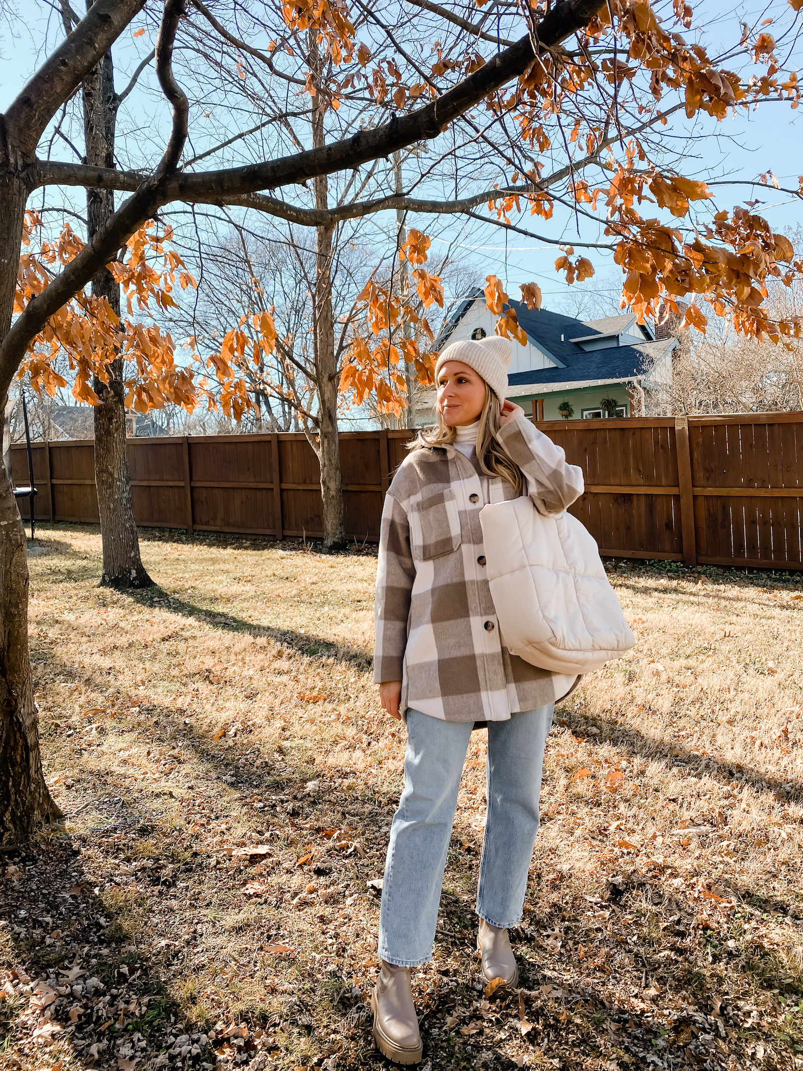 Beige Plaid Shirt Jacket with White Turtleneck and Platform Boots — Neutral Winter Outfits
