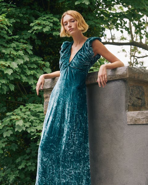 Elegant Teal Crushed Velvet A-Line Dress — Winter Wedding Guest Outfits