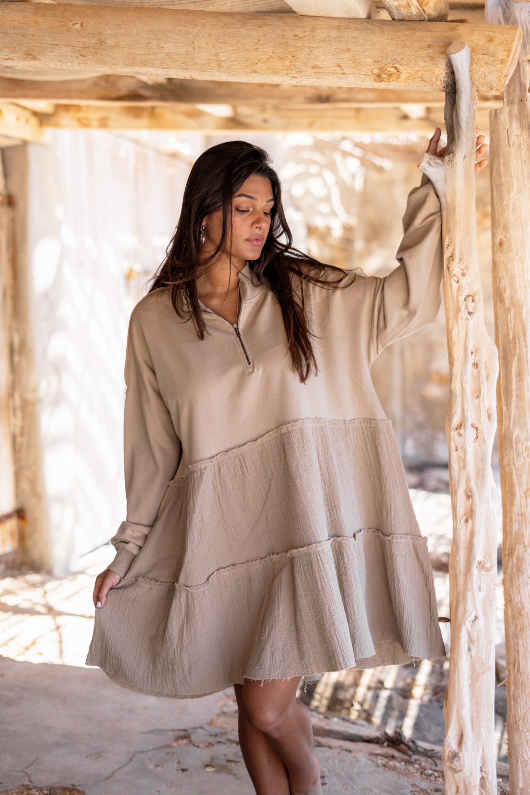 Taupe Tiered Sweater Dress with Half-Zip Neckline — Sweater Dress Outfits