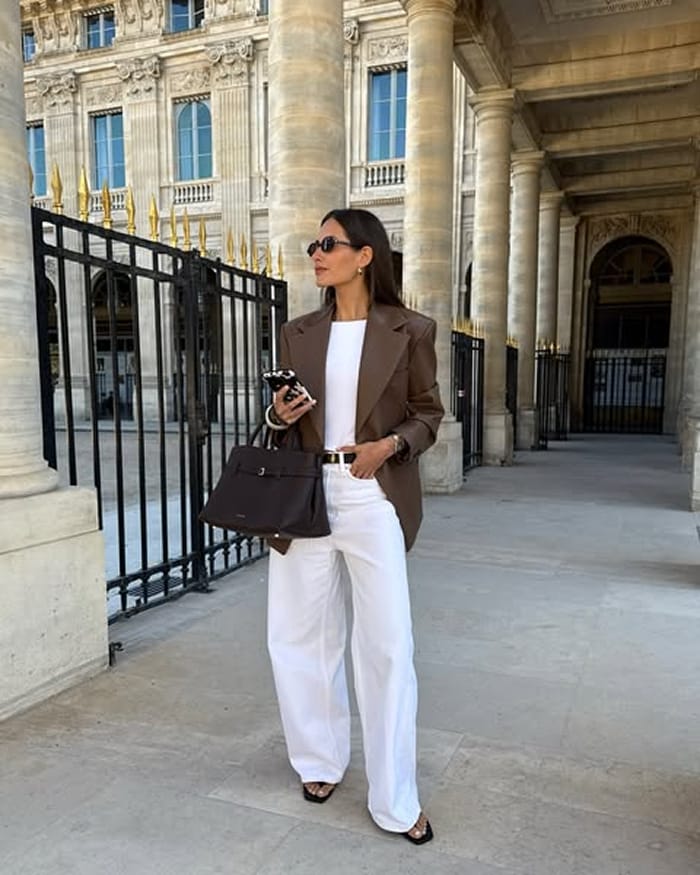 Faux-Leather Blazer with White Trousers and Heeled Sandals Faux-Leather Blazer with White Trousers and Heeled Sandals β Winter to Spring Transition Outfits
