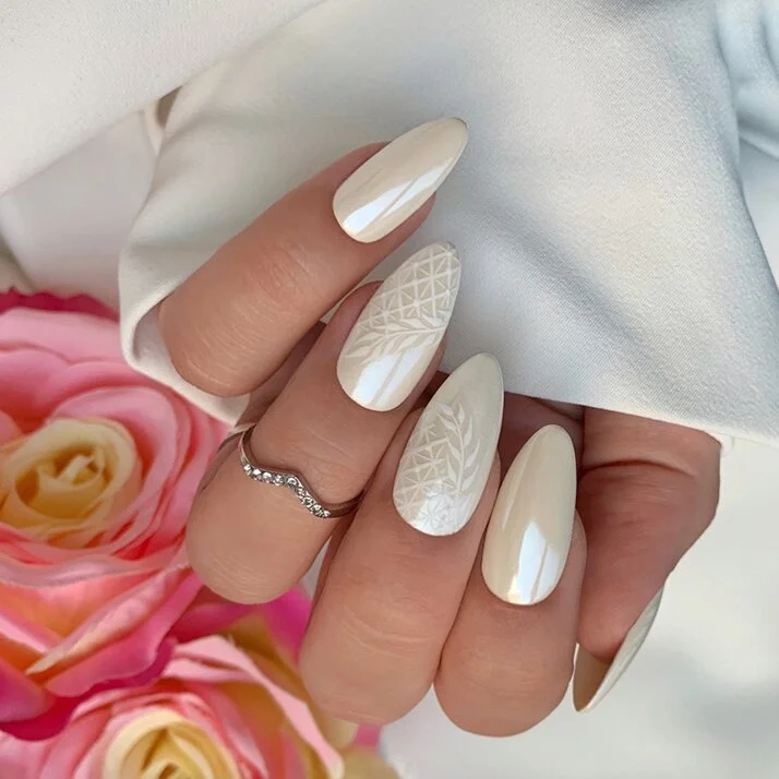 Pearlescent Embossed Long Almond Pearlescent Embossed Long Almond β Winter Wedding Nails