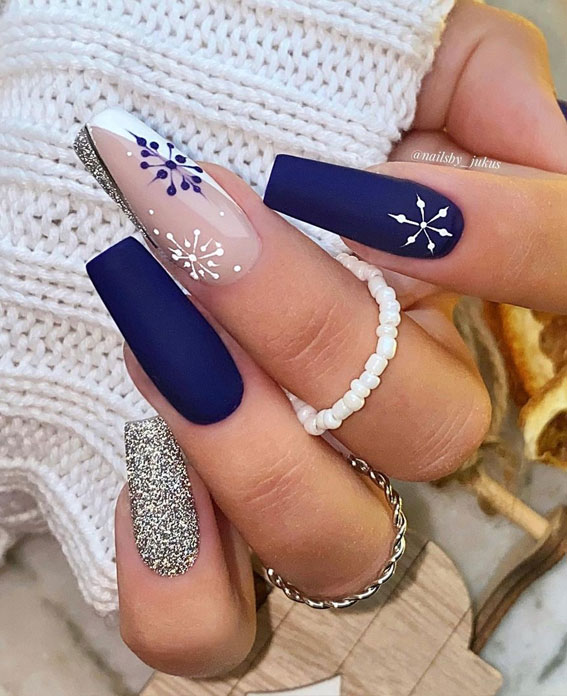 Matte Navy Snowflake French Tip Coffin Nails Matte Navy Snowflake French Tip Coffin Nails β Short Christmas Coffin Nails 2026