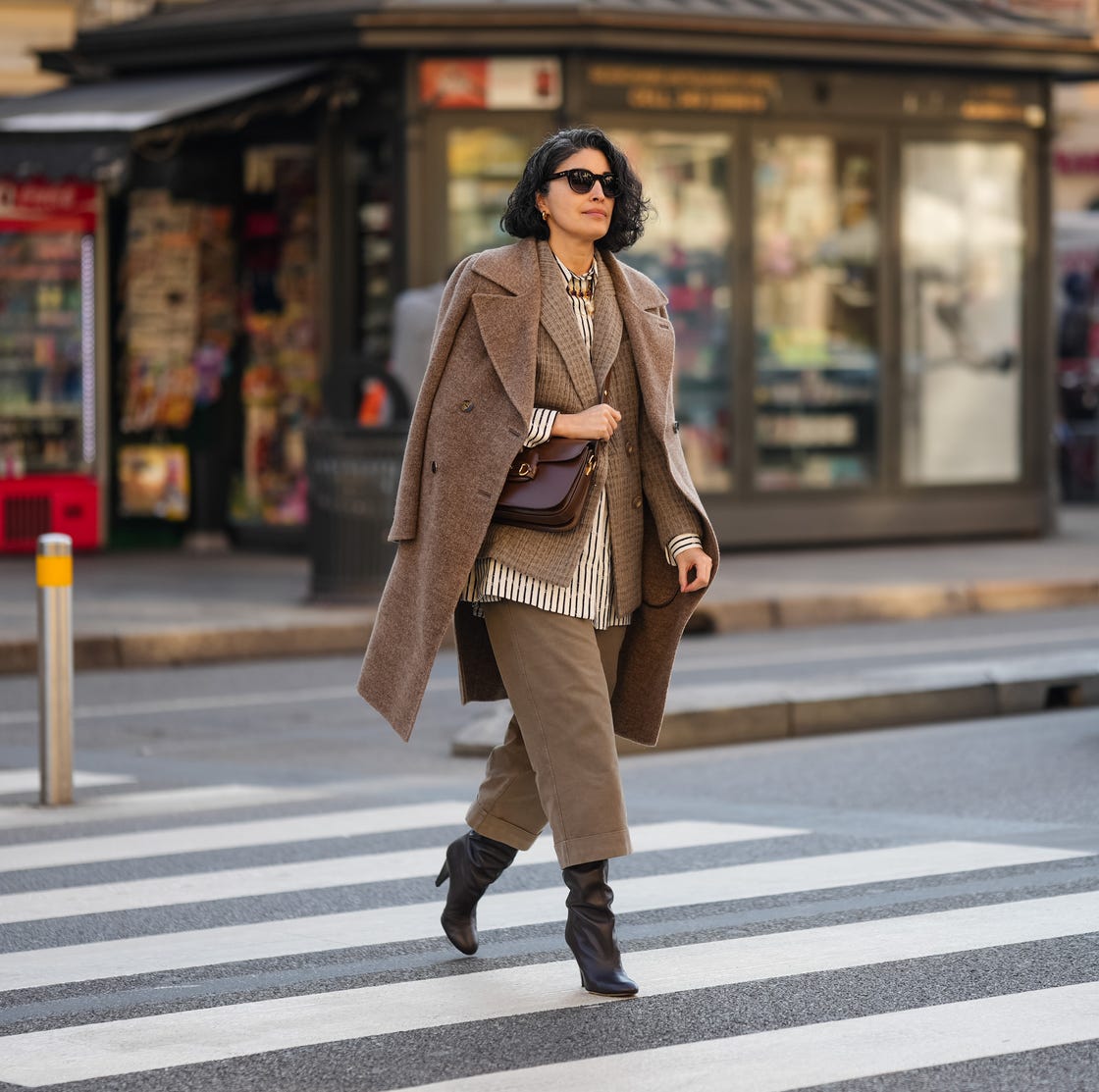 Layered Workwear with Draped Textured Coat — Cold Weather Outfits