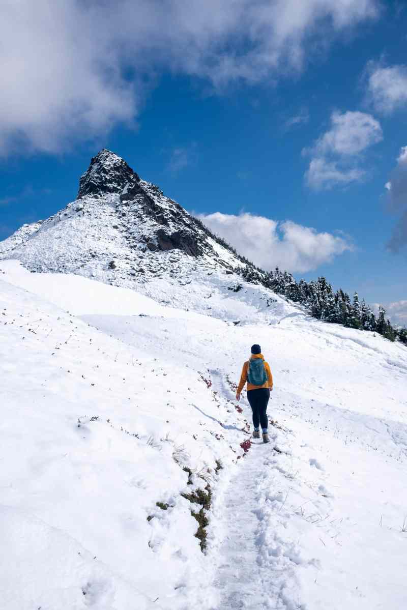 Vibrant Yellow Jacket on Snowy Trails Vibrant Yellow Jacket on Snowy Trails β Winter Hiking Outfits