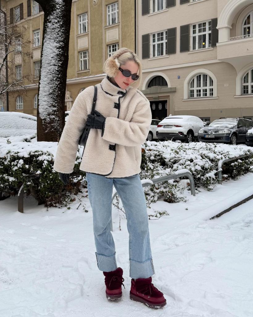 Cream Teddy Jacket with Burgundy Boots for a Winter Brunch Cream Teddy Jacket with Burgundy Boots for a Winter Brunch β Winter Brunch Outfits