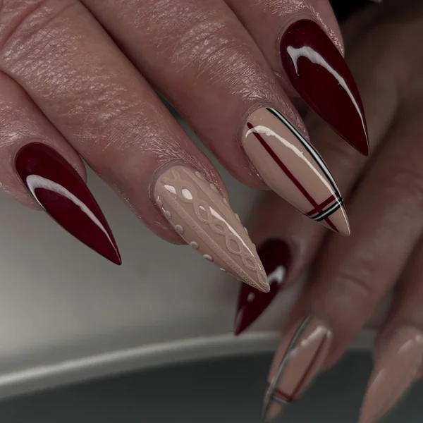 Glossy Raised Texture Long Stiletto Red Beige Knit & Plaid — Sweater Nails