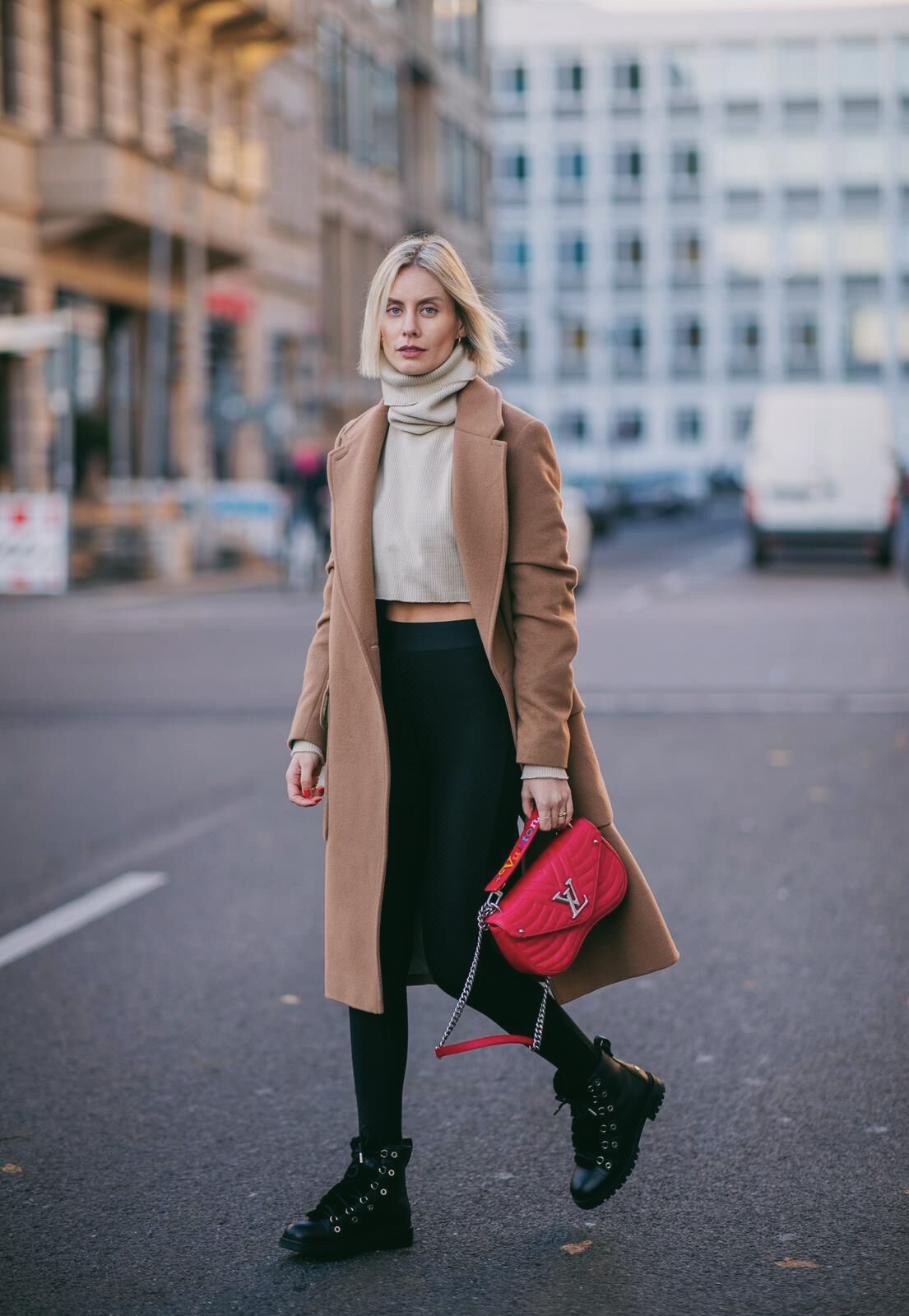 Long Camel Coat With Crop Top And Black Leggings — Camel Coat Outfits