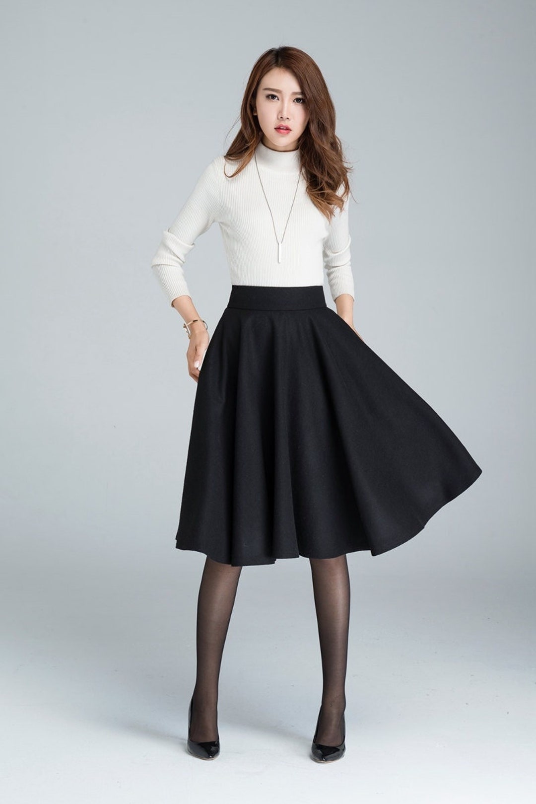 Black A-line Midi Skirt with Mock Neck Sweater Black A-line Midi Skirt with Mock Neck Sweater β Winter Skirt Outfits