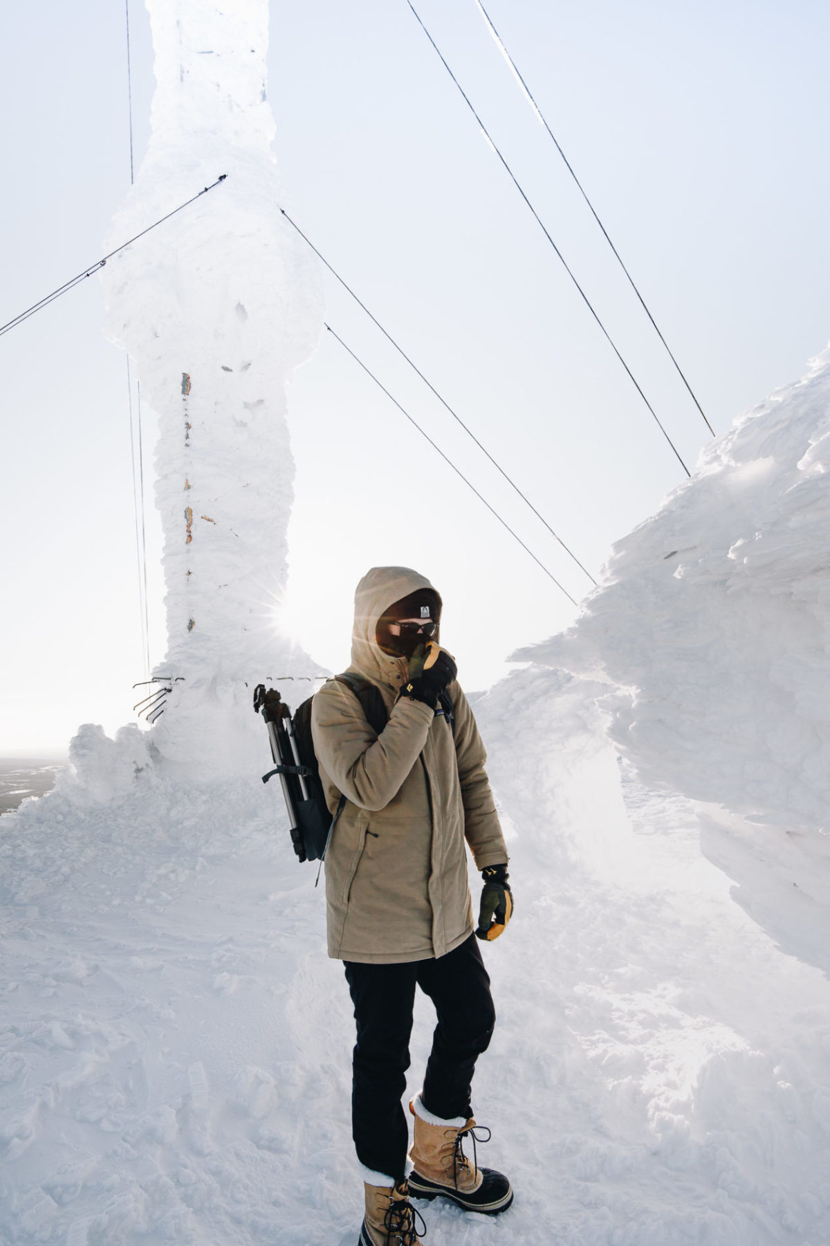 Practical Layers: Beige Hooded Jacket and Backpack — Snow Day Outfits