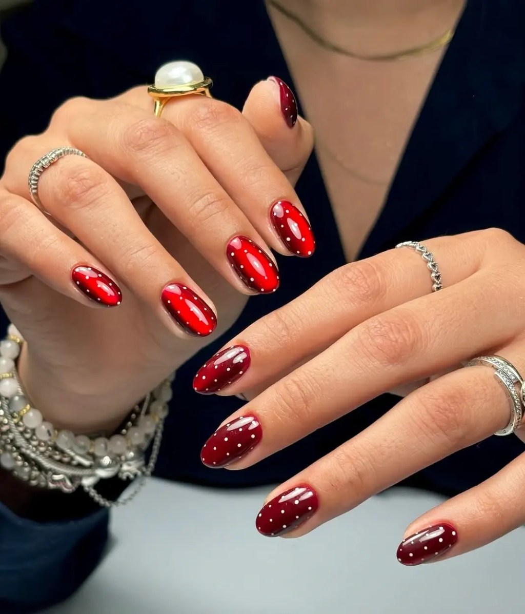 Deep Red Polka Dot Oval Nails Deep Red Polka Dot Oval Nails β Christmas Nails 2026