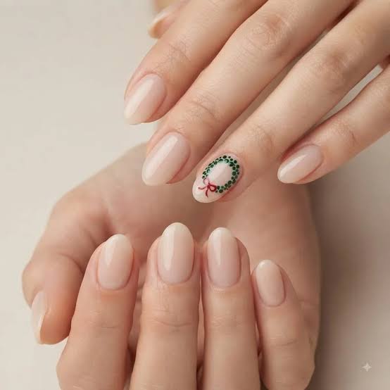 Sheer Nude Wreath Accent Nails Sheer Nude Wreath Accent Nails β Simple Short Christmas Nails 2026