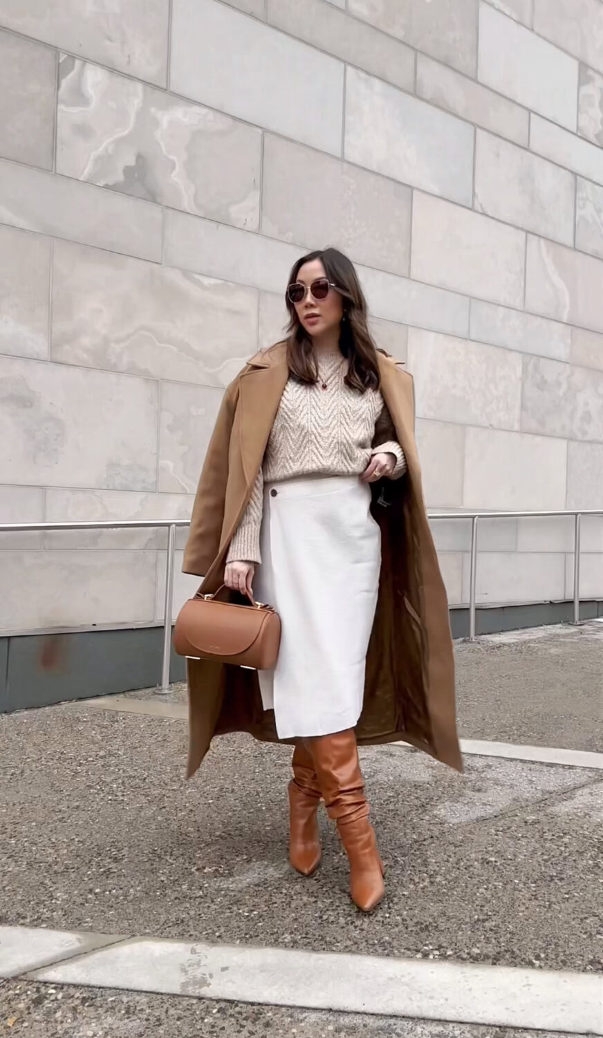 Sophisticated Camel Coat Over Cable-Knit Sweater and A-Line Skirt — January Outfits