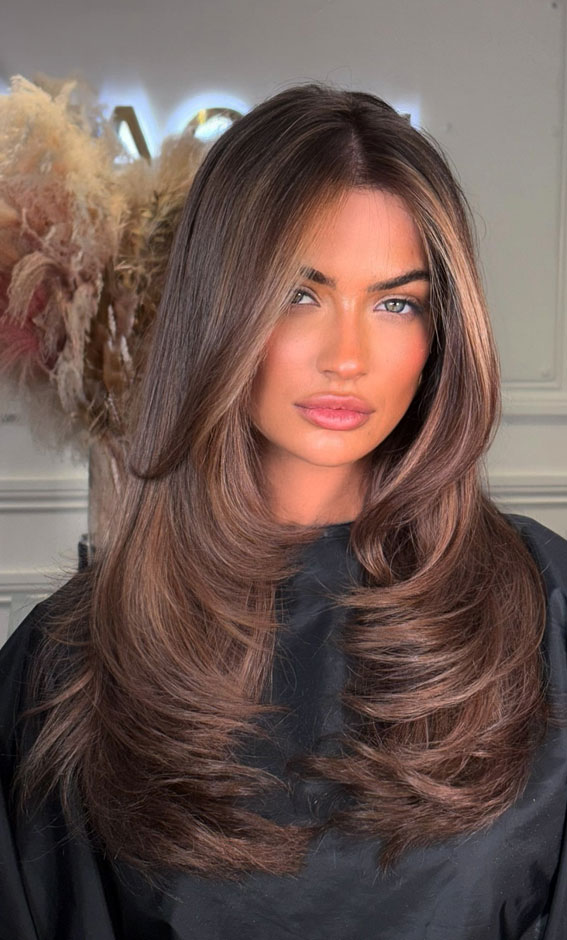 Brunette With Caramel Highlights and Curtain Bangs Brunette With Caramel Highlights and Curtain Bangs β Long Winter Haircuts