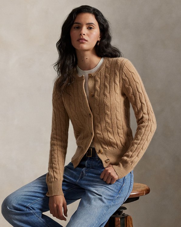 Fitted Camel Cable Knit Cardigan with Gold Buttons — Cardigan Outfits