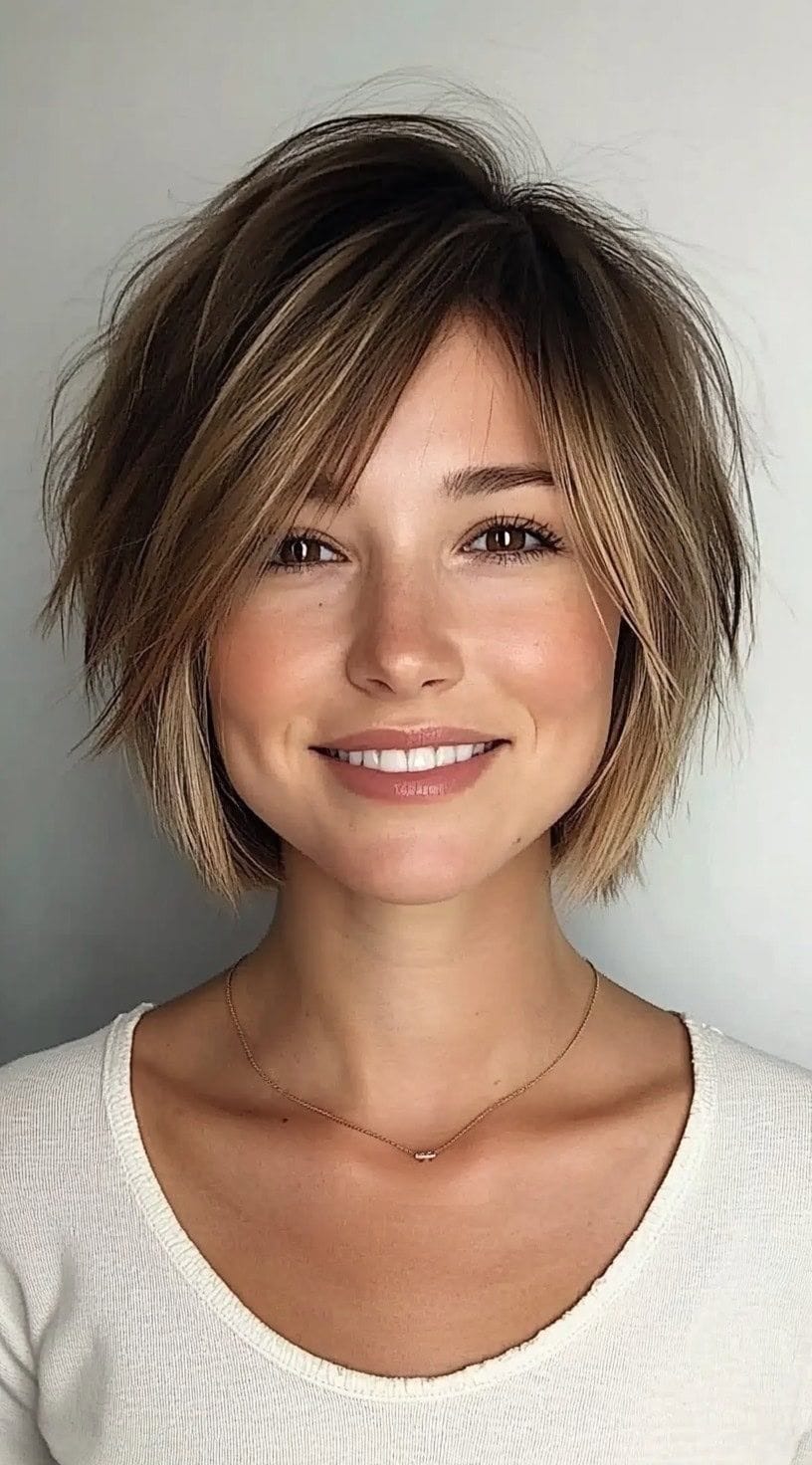 Chin Shaggy Bob With Tousled Bangs Chin Shaggy Bob With Tousled Bangs β Winter Haircuts for Thin Hair