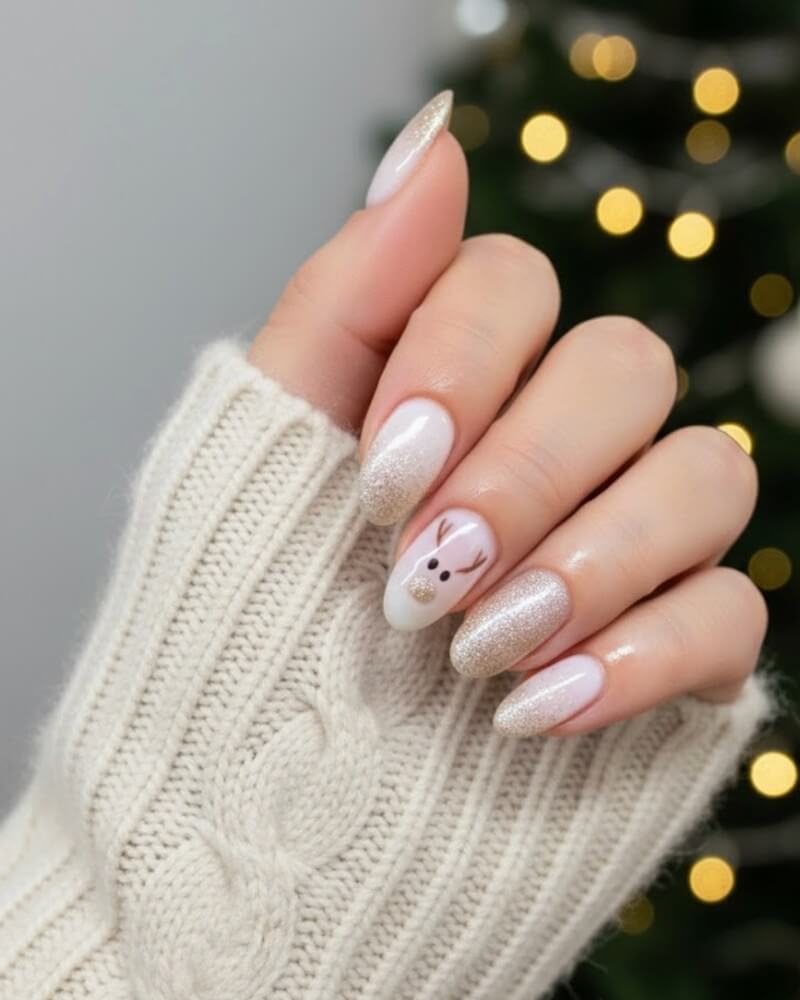 Pale Pink Glitter Reindeer Face Ovals Pale Pink Glitter Reindeer Face Ovals β Simple Christmas Nails 2026