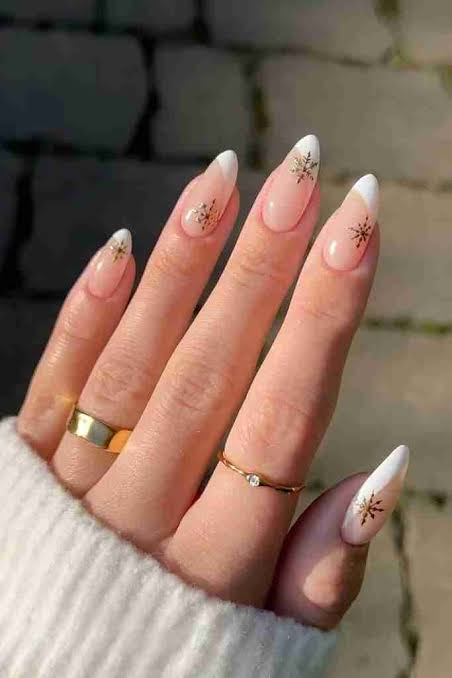 Gold Snowflake French Tip Nails — Winter Nail Art