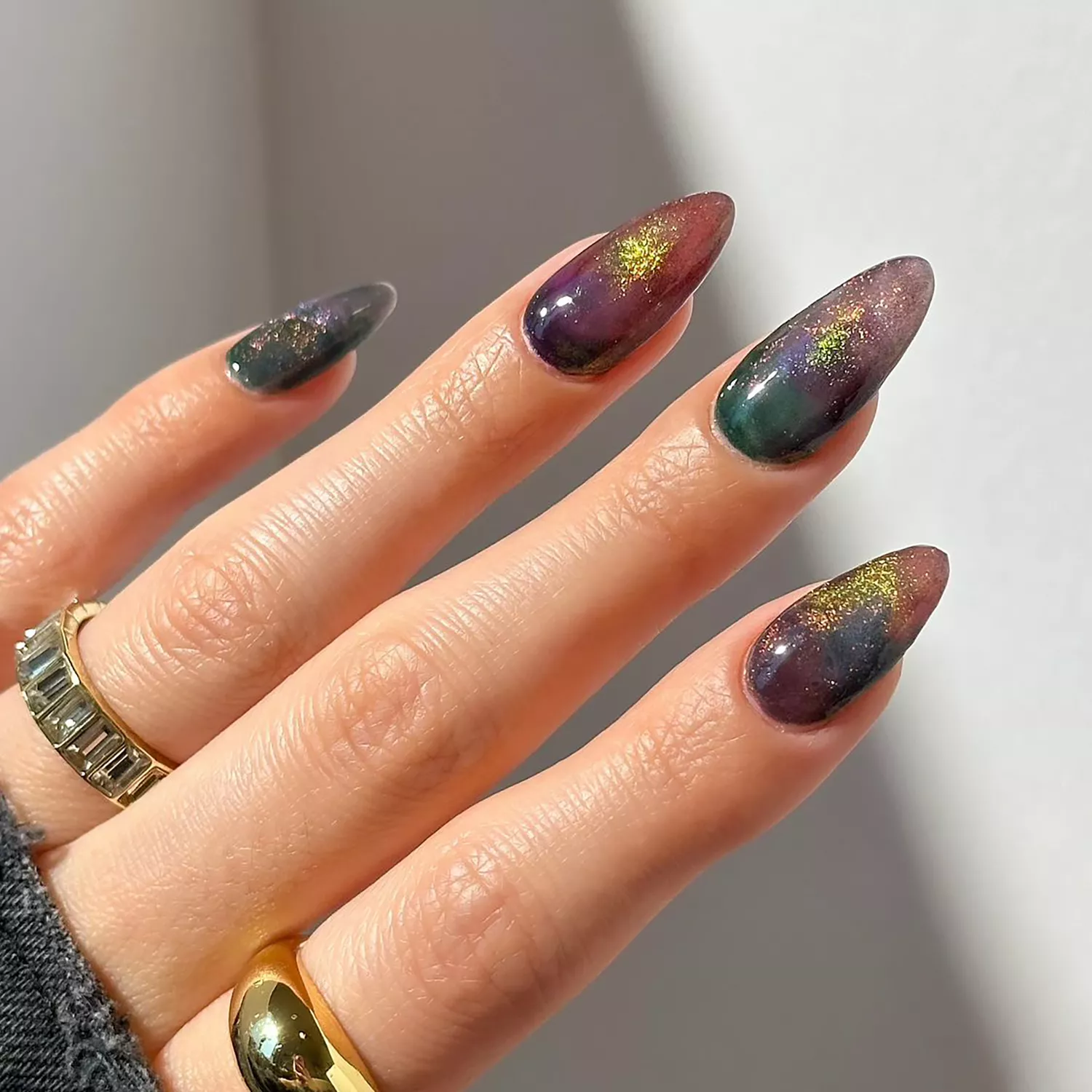 Glitter Gradient Purple and Green Almonds — Winter Acrylic Nails