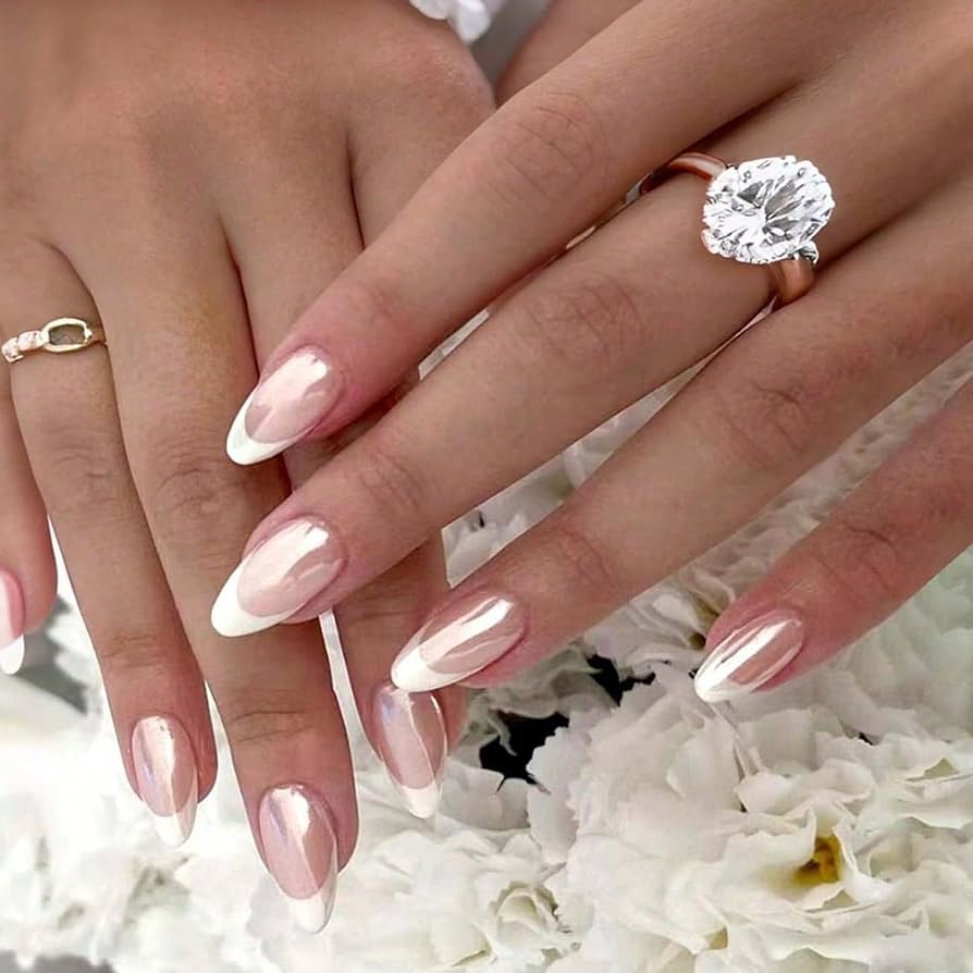 Pearlescent Chrome French Winter Nails Pearlescent Chrome French Winter Nails β Medium Winter Almond Nails