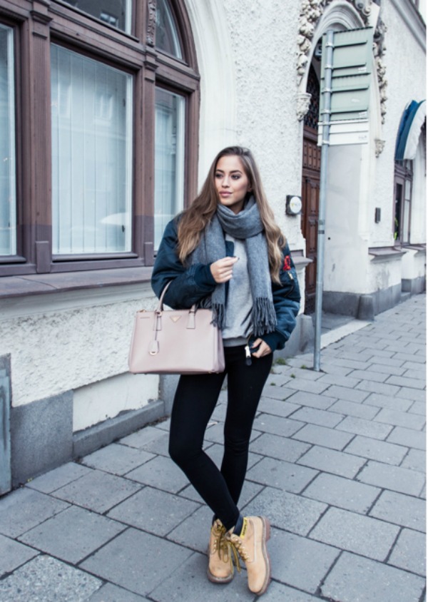 Bomber Jacket and Scarf: Stylish Winter Casual — Timberland Boots Outfits