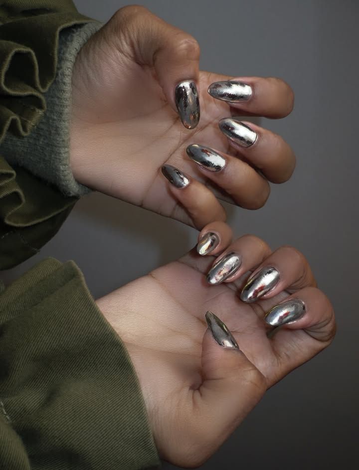 Mirror Silver Chrome Almond Nails Mirror Silver Chrome Almond Nails β New Years Nail Colors 2027