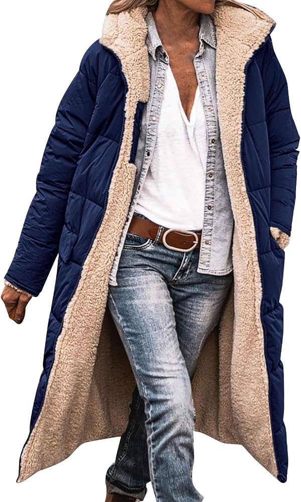 Oversized Blue Puffer Coat With Sherpa Lining — Long Puffer Coat Outfits