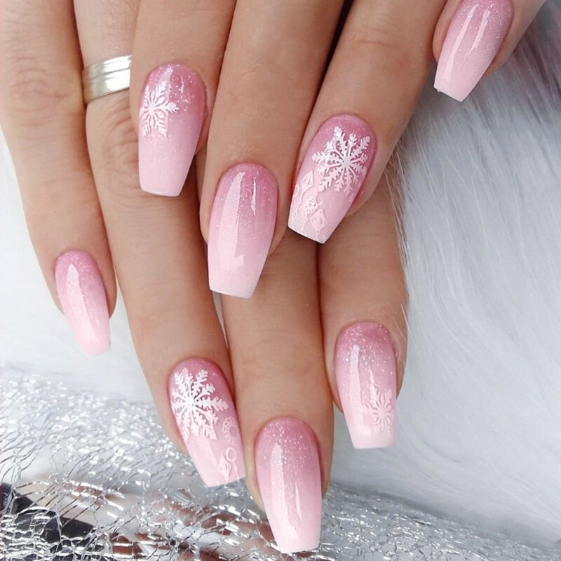 Long Coffin Pink White Gradient Snowflake Nails Long Coffin Pink White Gradient Snowflake Nails β Christmas Acrylic Nails 2026