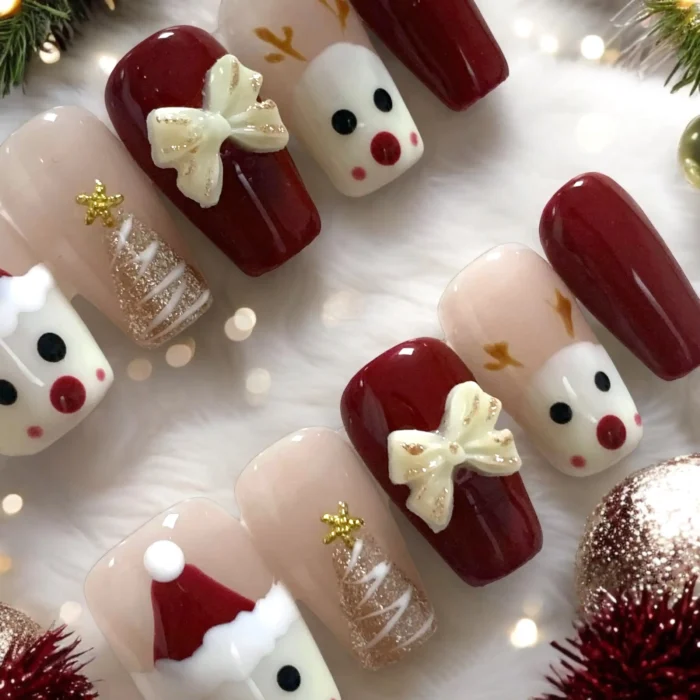 Red Bow and Reindeer Christmas Coffin Nails Red Bow and Reindeer Christmas Coffin Nails β Short Christmas Coffin Nails 2026