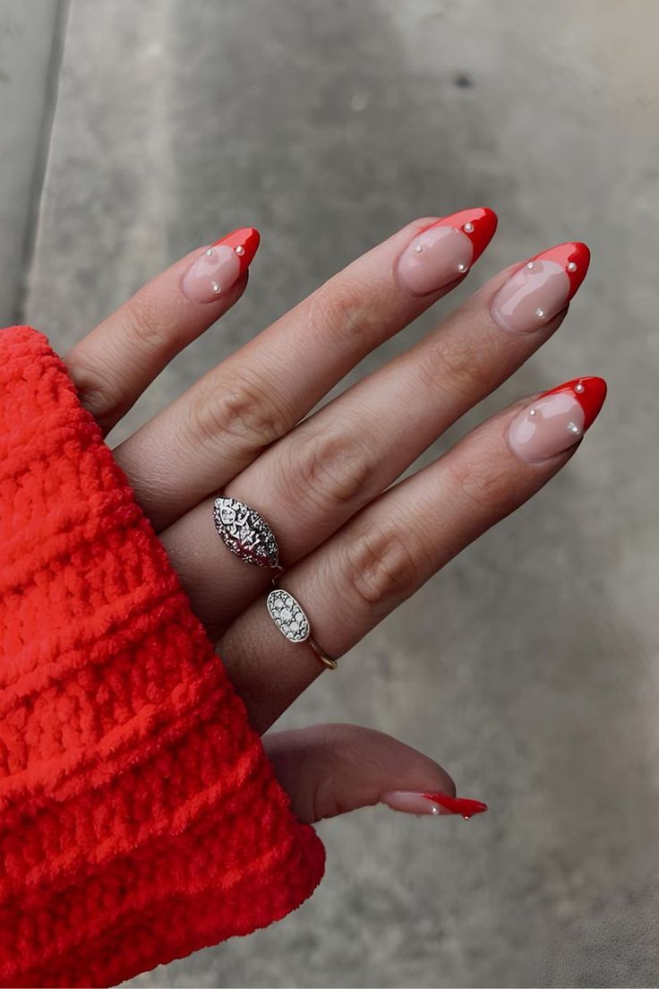 Pearl Accented Red French Almond Nails Pearl Accented Red French Almond Nails β Holiday Nails 2026